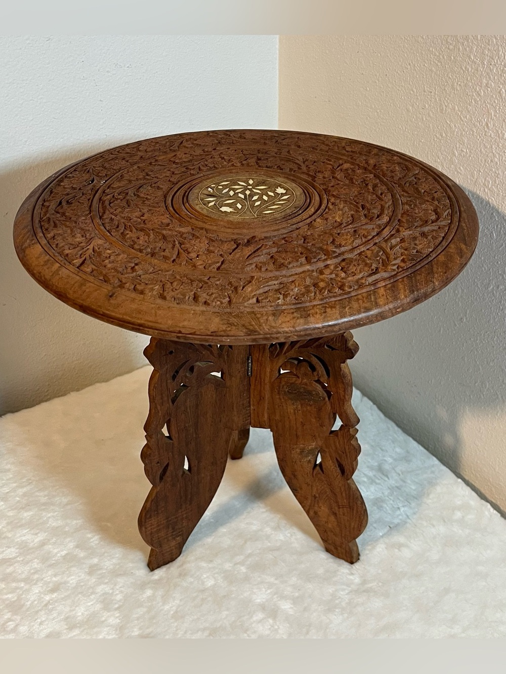 Vintage Middle Eastern Inlaid Side Table, Round Folding Wood Table 15” Tall